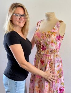 About Sew With Galina. Galina with a dressmaker’s mannequin.