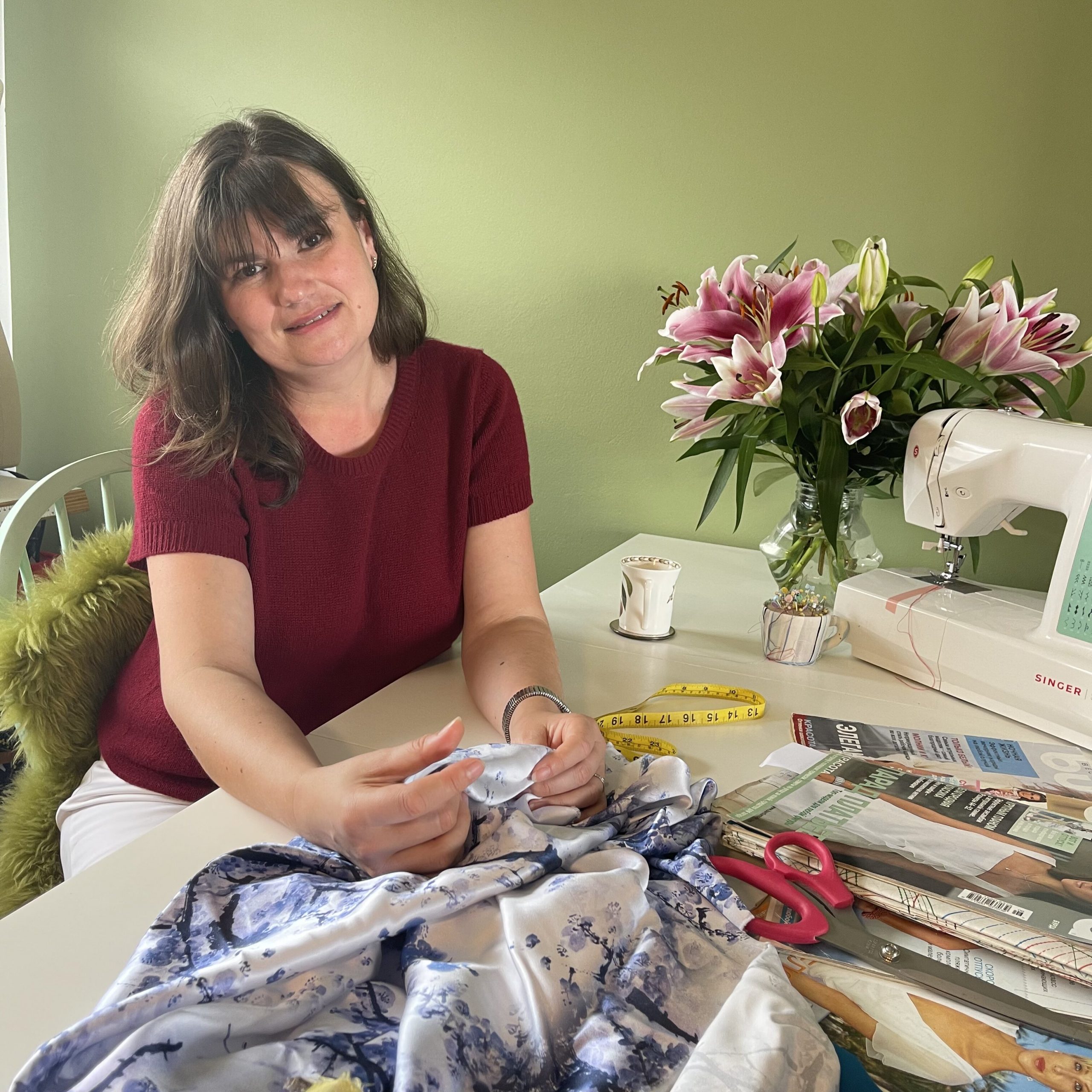 Description of Private classes. Class participant sewing a dress.